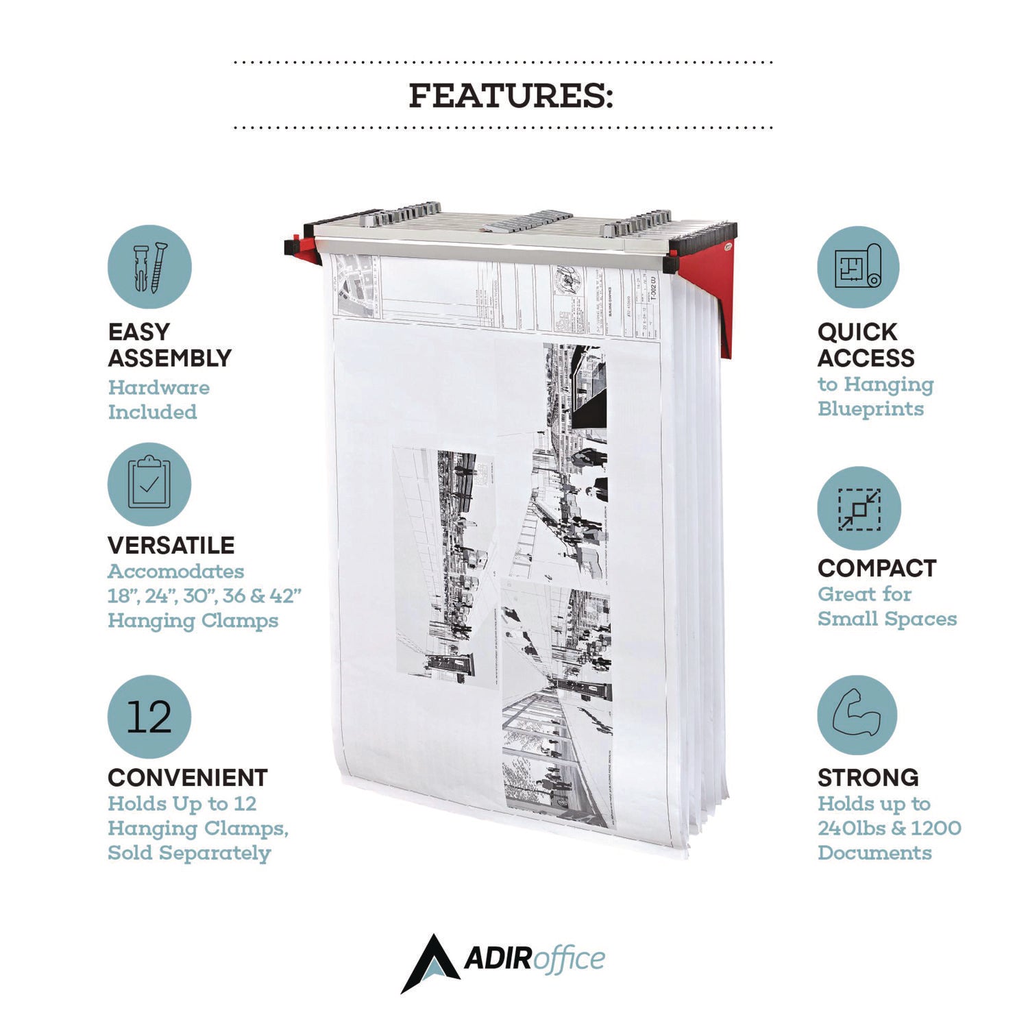 AdirOffice Drop Lift Blueprint Storage Wall Rack, Assorted Document Sizes Accommodated, 7.9" x 1.2" x 7.1", Red (I616RED)