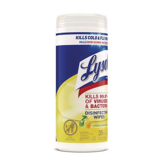 LYSOL Brand Disinfecting Wipes, 1-Ply, 7 x 7.25, Lemon and Lime Blossom, White, 35 Wipes/Canister (81145)