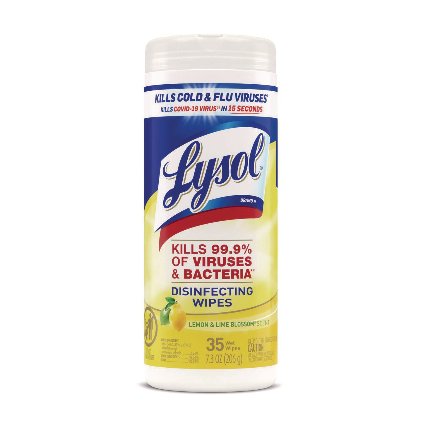 LYSOL Brand Disinfecting Wipes, 1-Ply, 7 x 7.25, Lemon and Lime Blossom, White, 35 Wipes/Canister (81145)