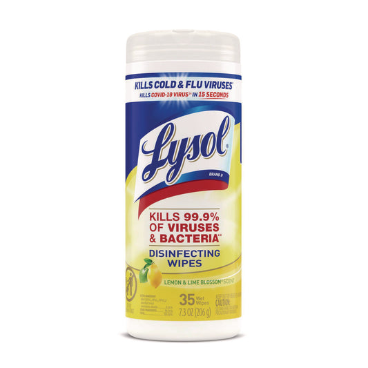 LYSOL Brand Disinfecting Wipes, 1-Ply, 7 x 7.25, Lemon and Lime Blossom, White, 35 Wipes/Canister, 12 Canisters/Carton (81145CT)