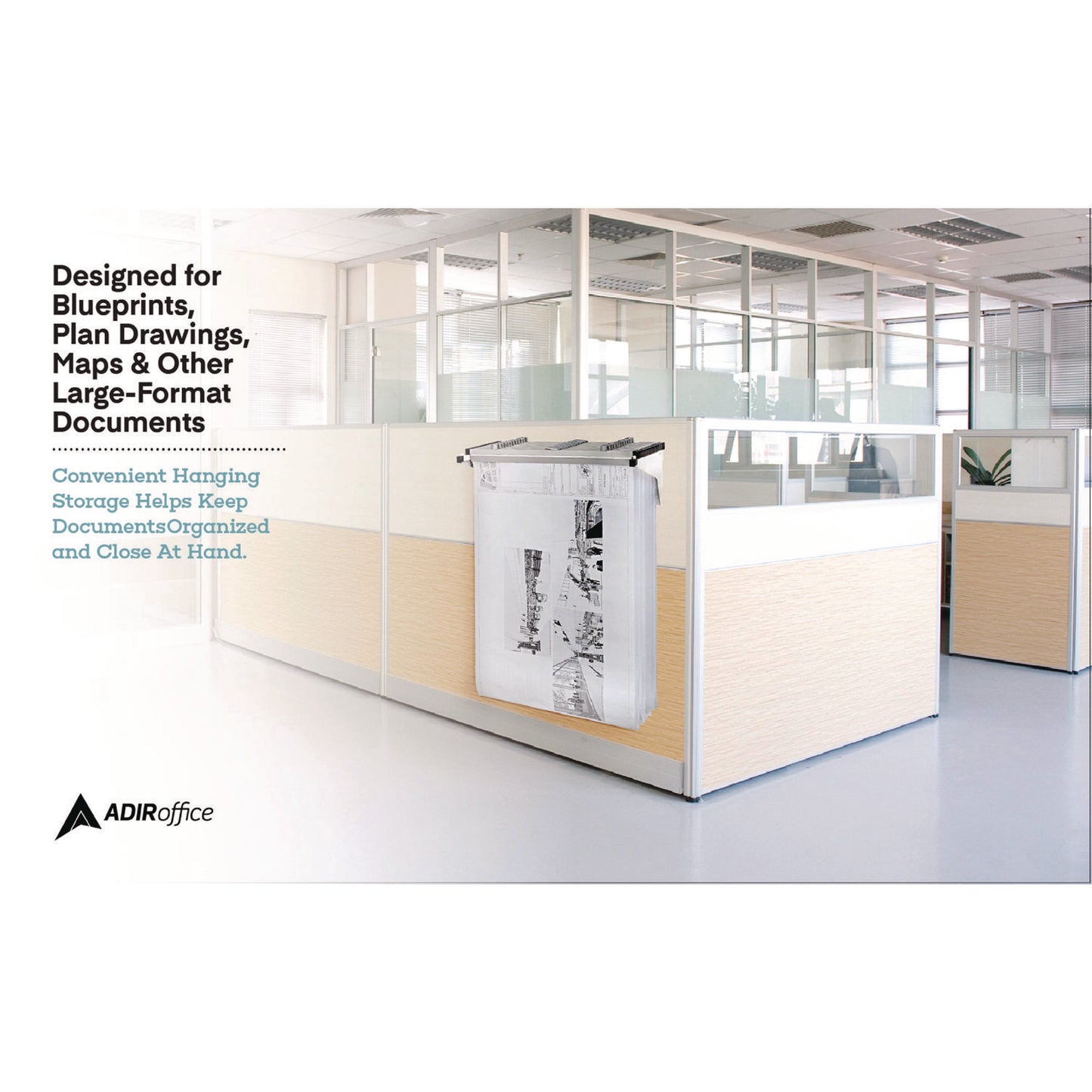 AdirOffice Drop Lift Blueprint Storage Wall Rack, Assorted Document Sizes Accommodated, 7.9" x 1.2" x 7.1", White (I616WHI)