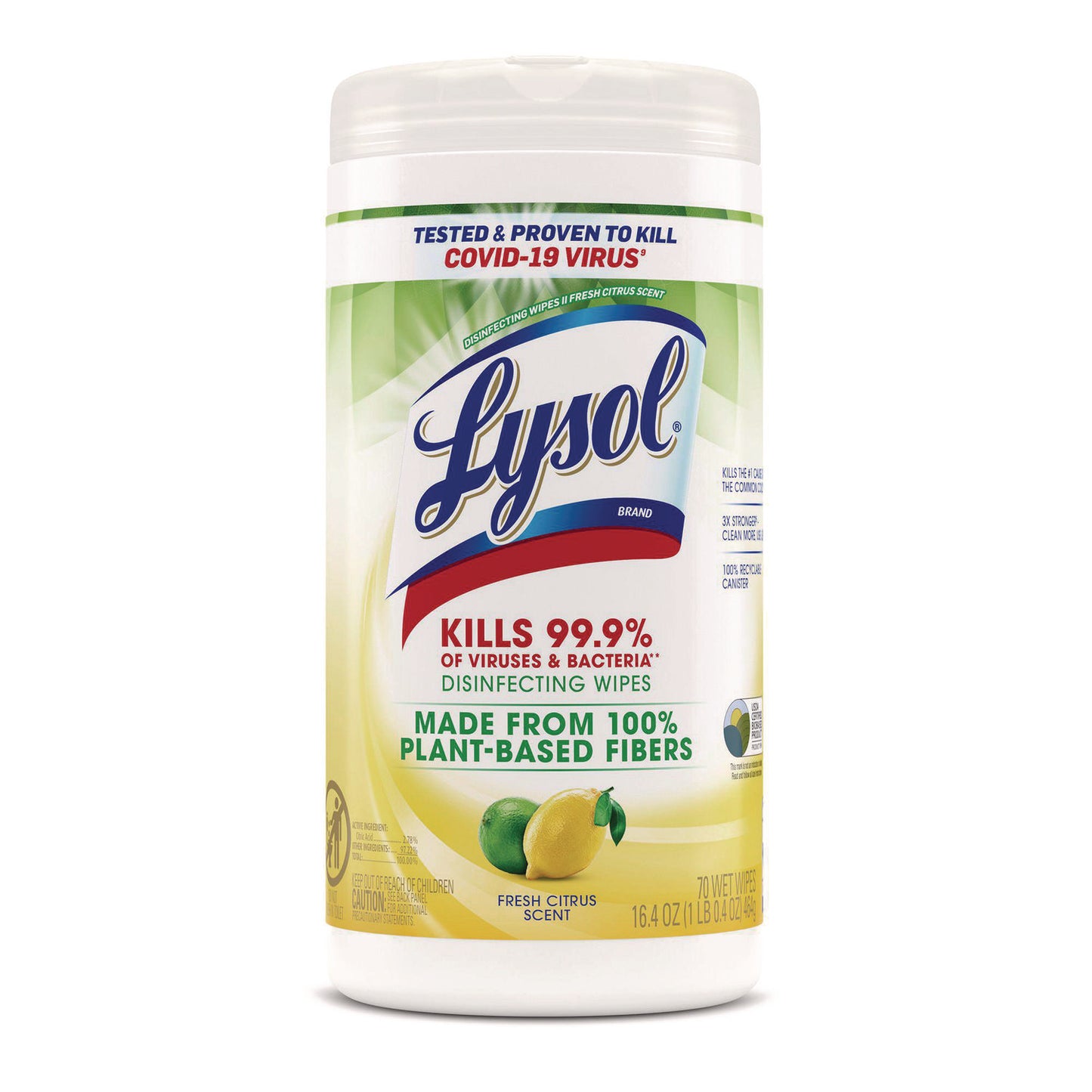 LYSOL Brand Disinfecting Wipes II Fresh Citrus, 1-Ply, 7 x 7.25, White, 70 Wipes/Canister, 6 Canisters/Carton (49128CT)