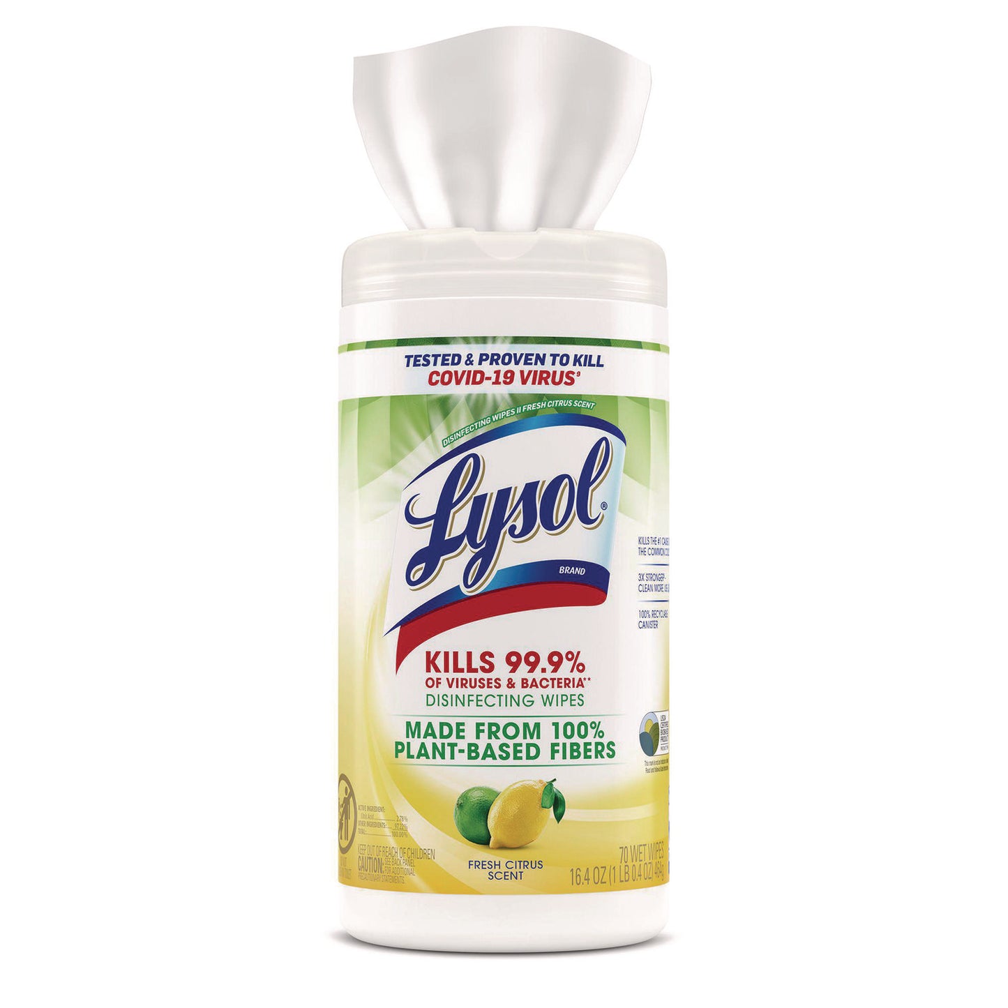 LYSOL Brand Disinfecting Wipes II Fresh Citrus, 1-Ply, 7 x 7.25, White, 70 Wipes/Canister, 6 Canisters/Carton (49128CT)