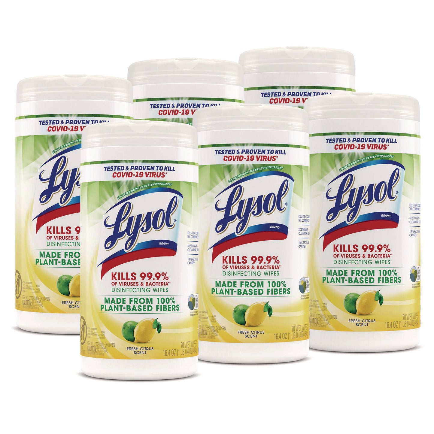 LYSOL Brand Disinfecting Wipes II Fresh Citrus, 1-Ply, 7 x 7.25, White, 70 Wipes/Canister, 6 Canisters/Carton (49128CT)