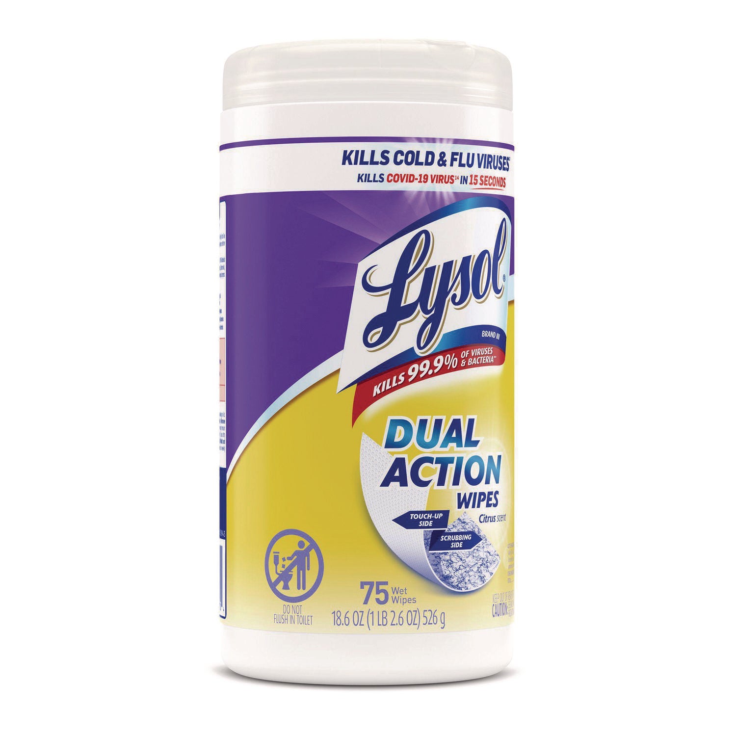 LYSOL Brand Dual Action Disinfecting Wipes, 1-Ply, 7 x 7.5, Citrus, White/Purple, 75/Canister (81700)