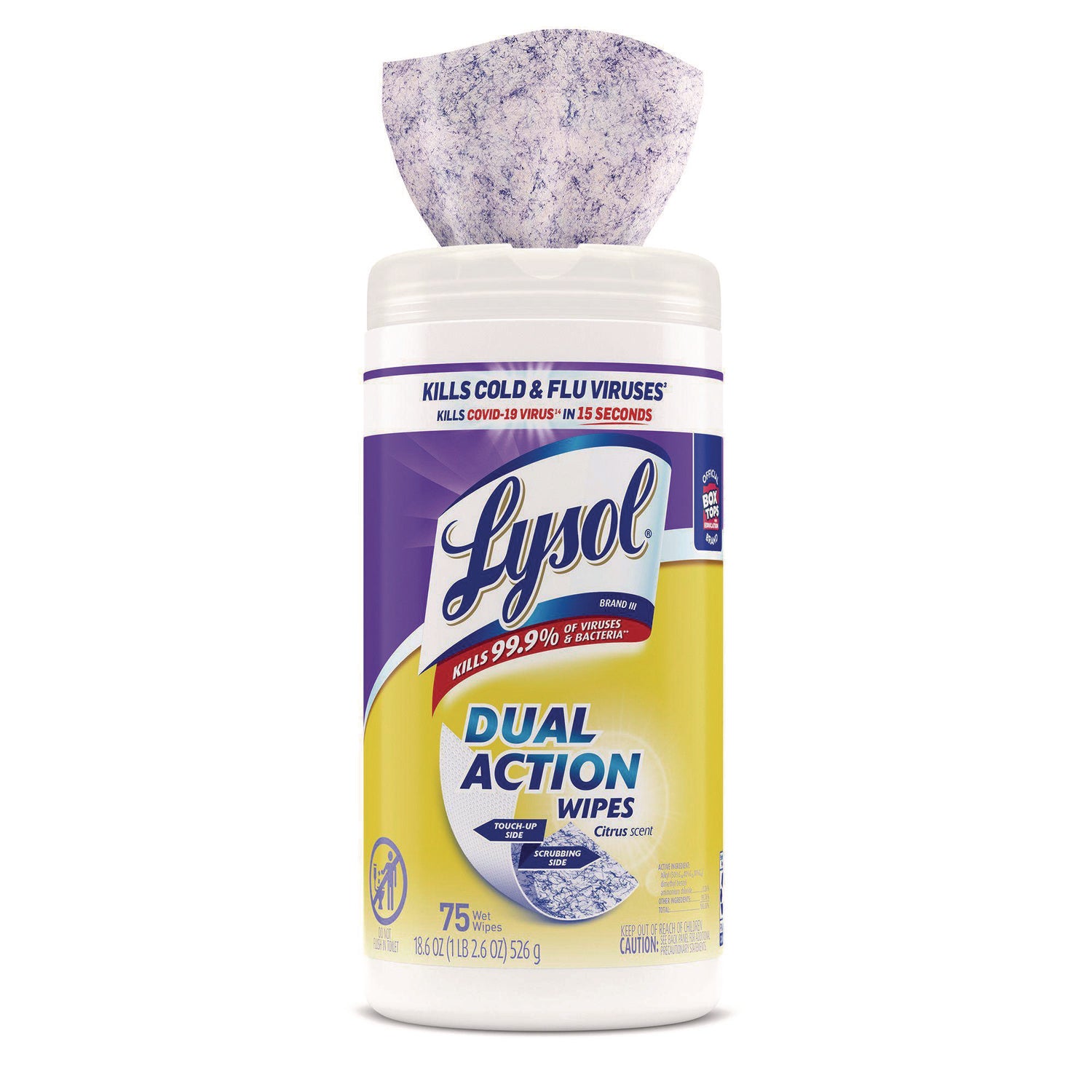 LYSOL Brand Dual Action Disinfecting Wipes, 1-Ply, 7 x 7.5, Citrus, White/Purple, 75/Canister (81700)