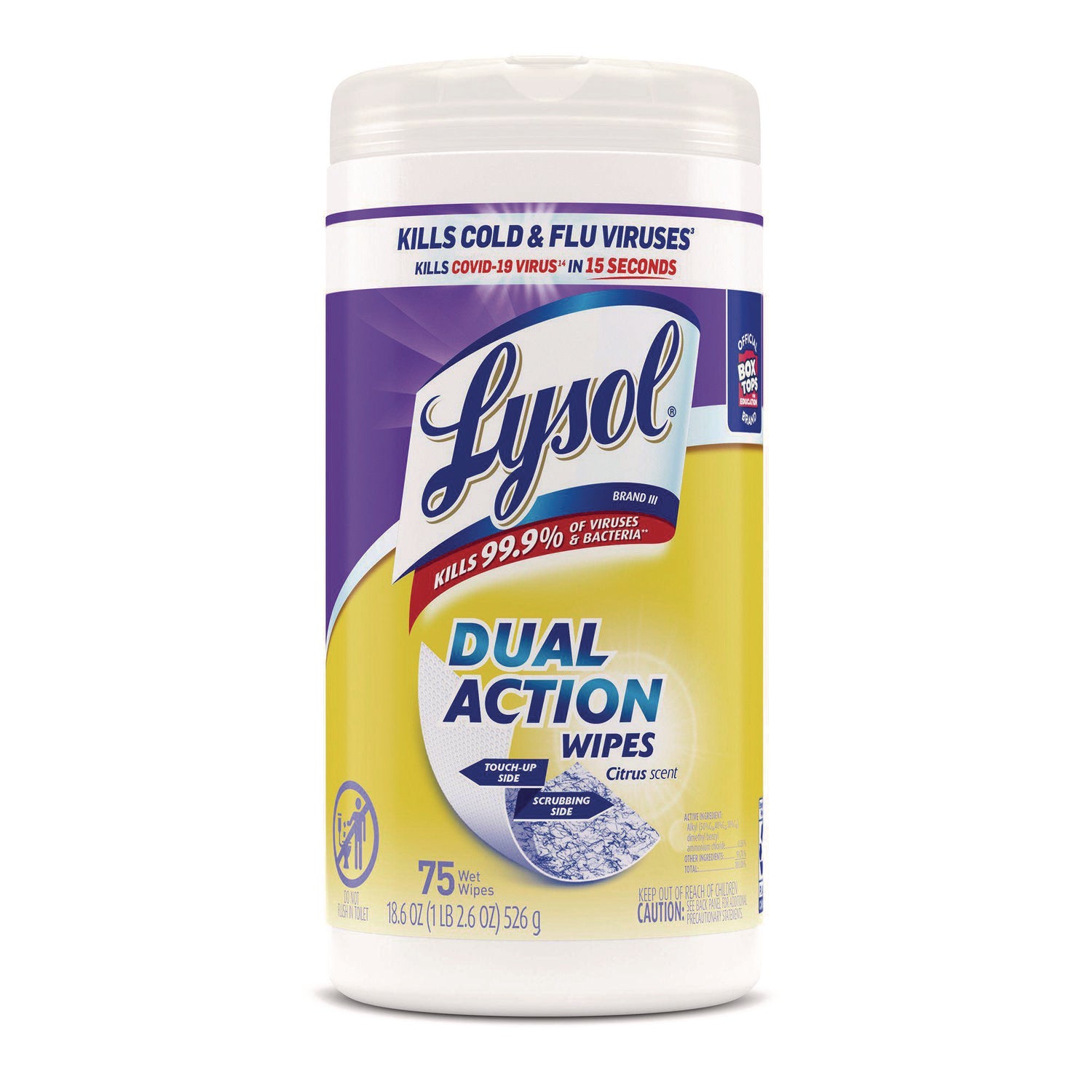 LYSOL Brand Dual Action Disinfecting Wipes, 1-Ply, 7 x 7.5, Citrus, White/Purple, 75/Canister (81700)