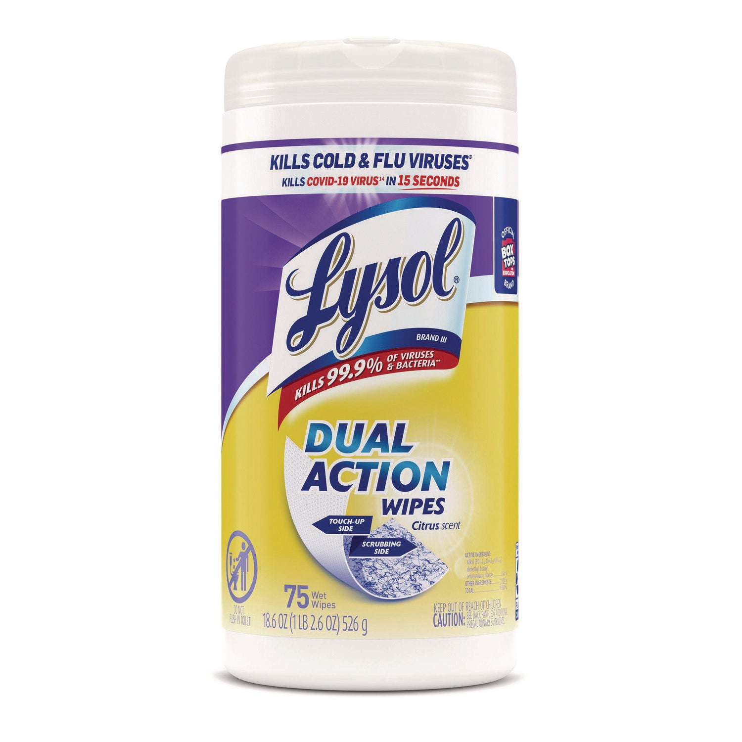 LYSOL Brand Dual Action Disinfecting Wipes, 1-Ply, 7 x 7.5, Citrus, White/Purple, 75/Canister, 6 Canisters/Carton (81700CT)