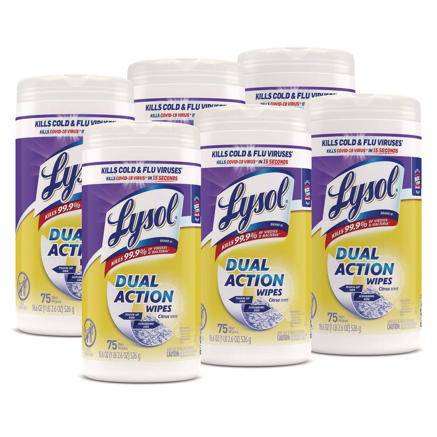 LYSOL Brand Dual Action Disinfecting Wipes, 1-Ply, 7 x 7.5, Citrus, White/Purple, 75/Canister, 6 Canisters/Carton (81700CT)