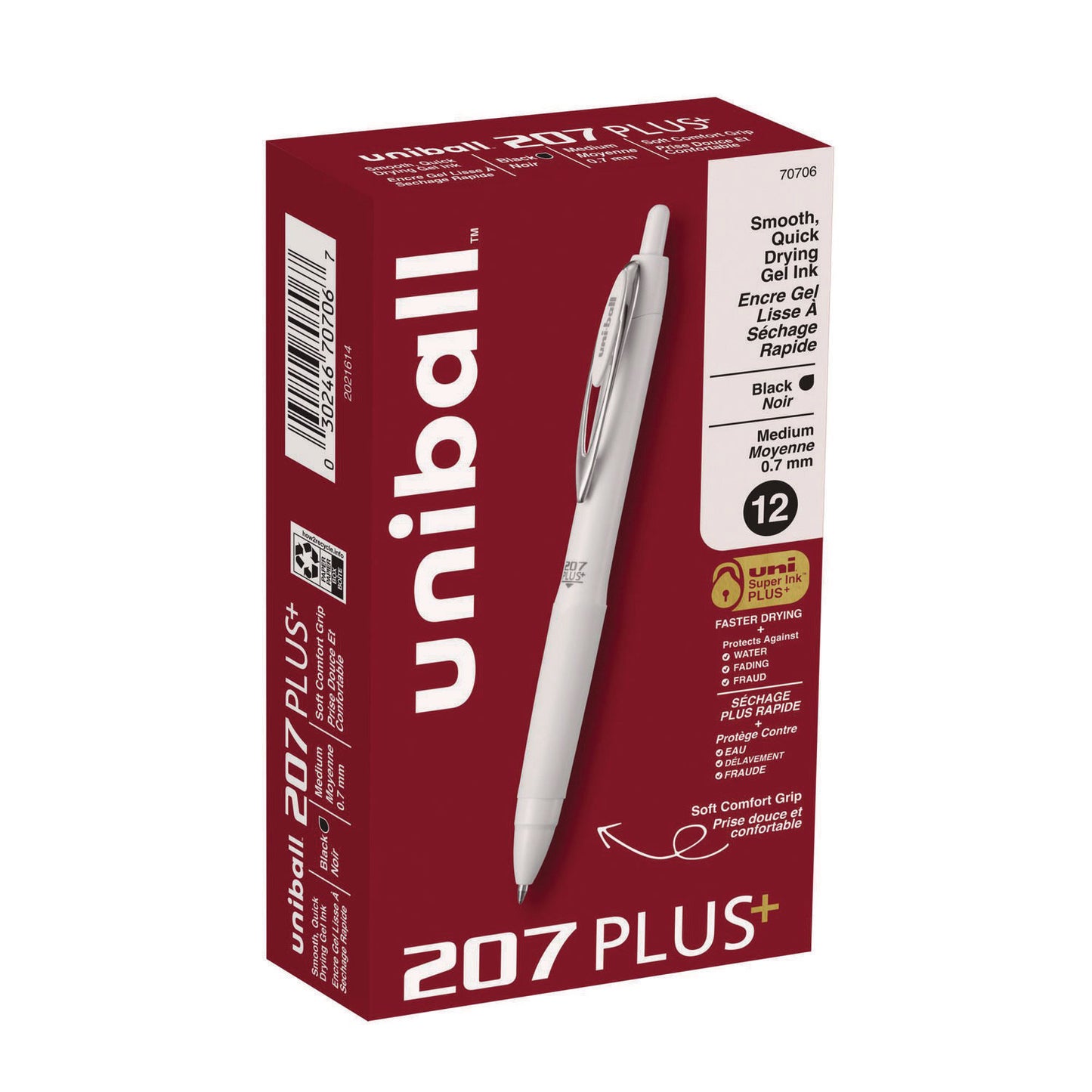 uni-ball 207 Plus+ Gel Pen, Retractable, Medium 0.7 mm, Black Ink, White Barrel, Dozen (70706)