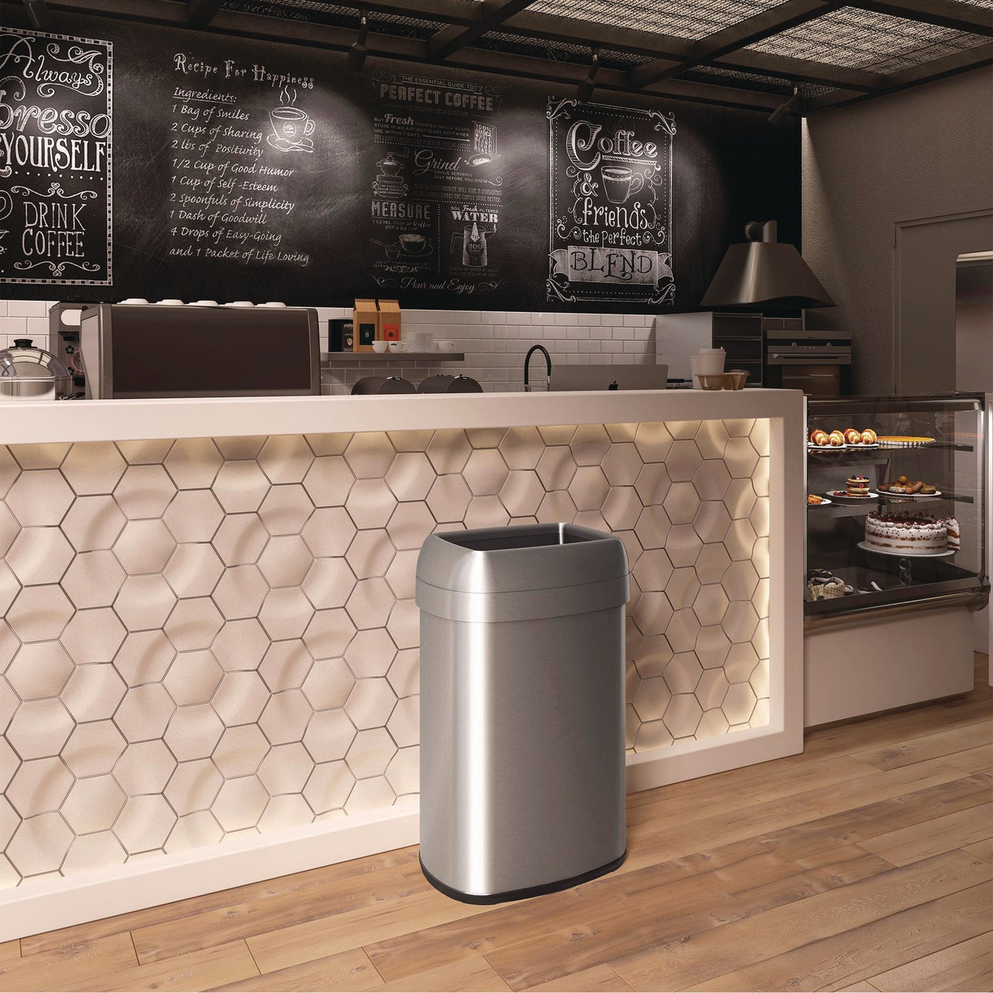 HLS Commercial Open Top Trash Can, Oval, 16 gal, Plastic/Stainless Steel, Silver (HLS16STV)