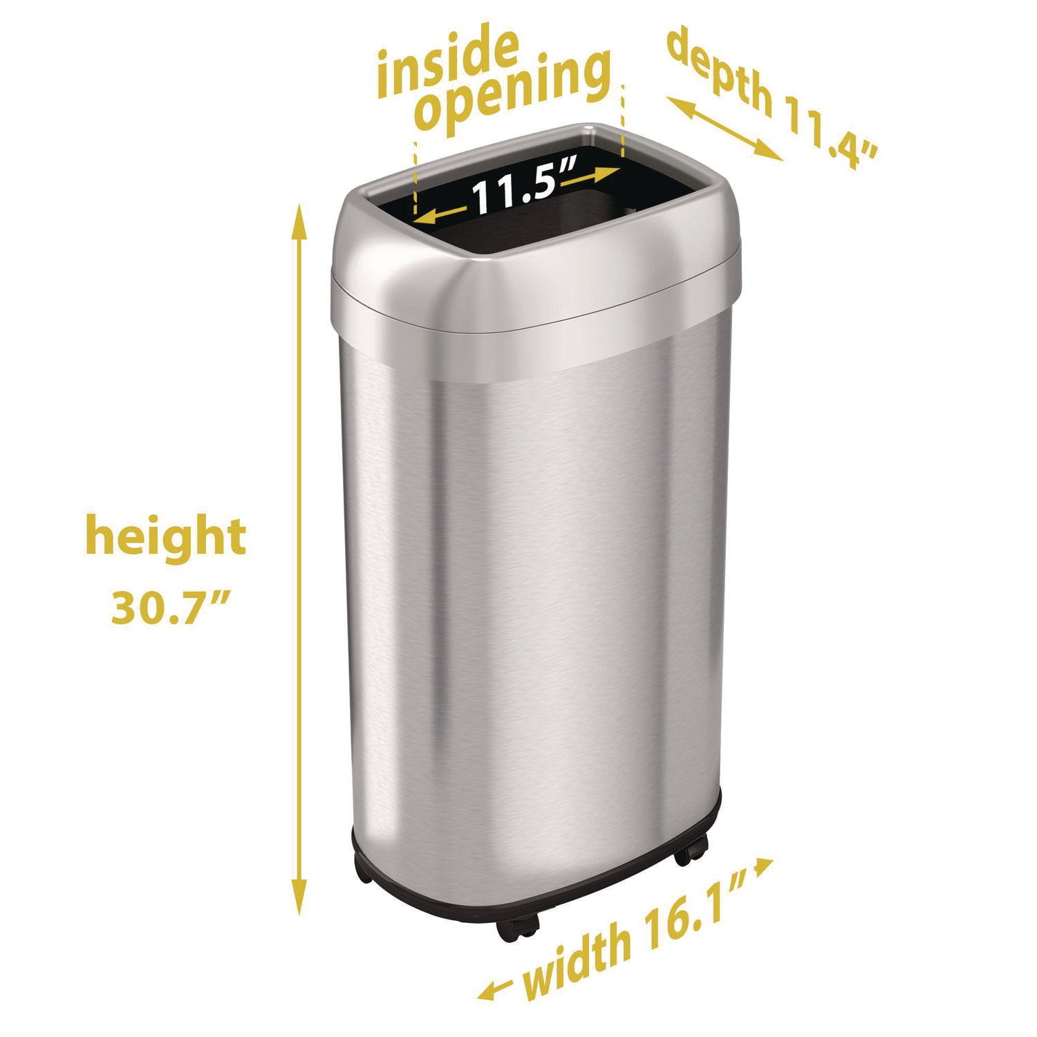 HLS Commercial Open Top Trash Can with Wheels, Oval, 16 gal, Plastic/Stainless Steel, Silver (HLS16STVM)