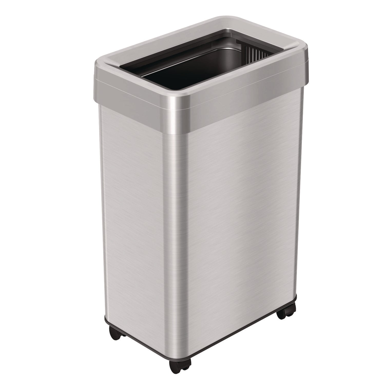 HLS Commercial Open Top Trash Can with Wheels, Rectangular, 16 gal, Plastic/Stainless Steel, Silver (HLS16UOTM)