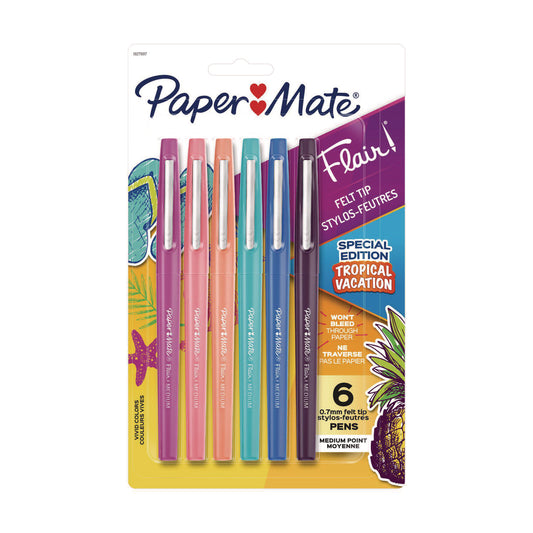 Paper Mate Flair Felt Tip Porous Point Pen, Stick, Medium 0.7 mm, Assorted Ink and Barrel Colors, 6/Pack (1927997)