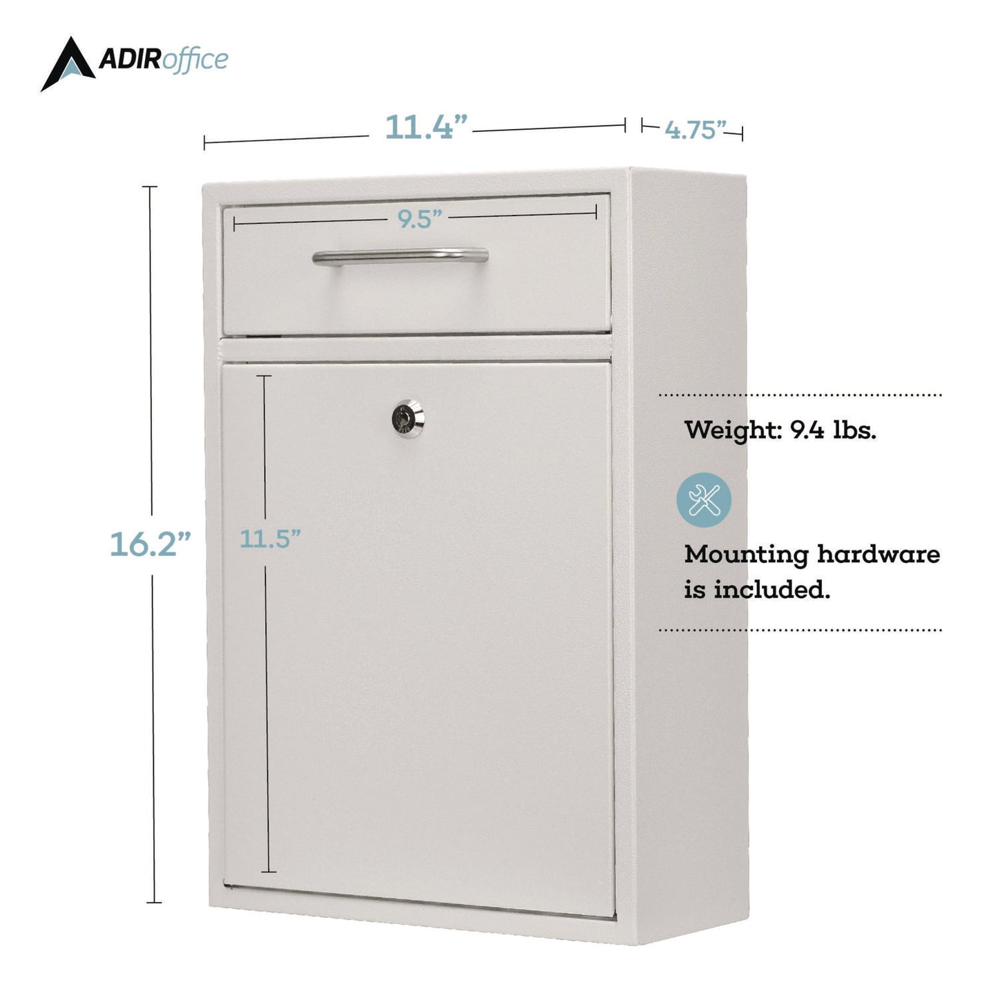 AdirOffice Large Ultimate Secure Drop Box Wall Mounted Mail Box, 11.2 x 4.7 x 16.2, White (I63104WHI)