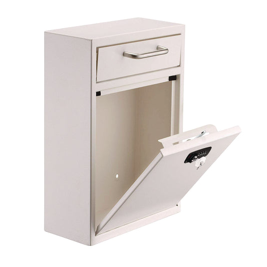 AdirOffice Large Secure Drop Box Wall Mounted Locking Mail Box with Key and Combination lock, 11.2 x 4.7 x 16.2, White (I63104WHIKC)