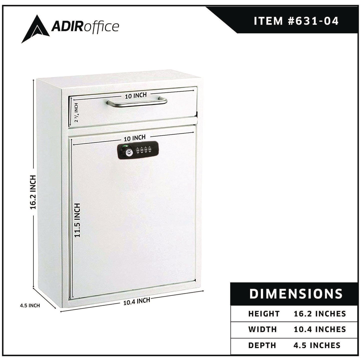 AdirOffice Large Secure Drop Box Wall Mounted Locking Mail Box with Key and Combination lock, 11.2 x 4.7 x 16.2, White (I63104WHIKC)