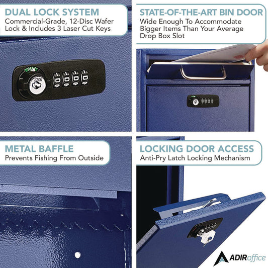 AdirOffice Medium Secure Drop Box Wall Mounted Locking Mail Box with Key and Combination Lock, 10.51 x 4.72 x 12, Blue (I63105BLUKC)