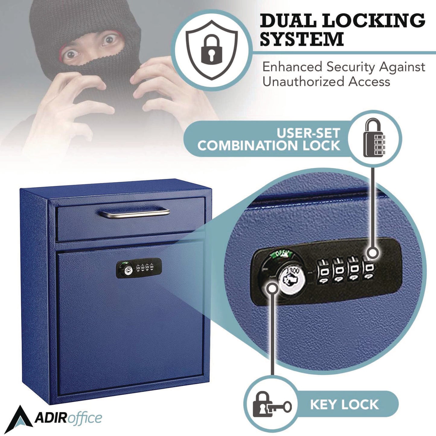 AdirOffice Medium Secure Drop Box Wall Mounted Locking Mail Box with Key and Combination Lock, 10.51 x 4.72 x 12, Blue (I63105BLUKC)