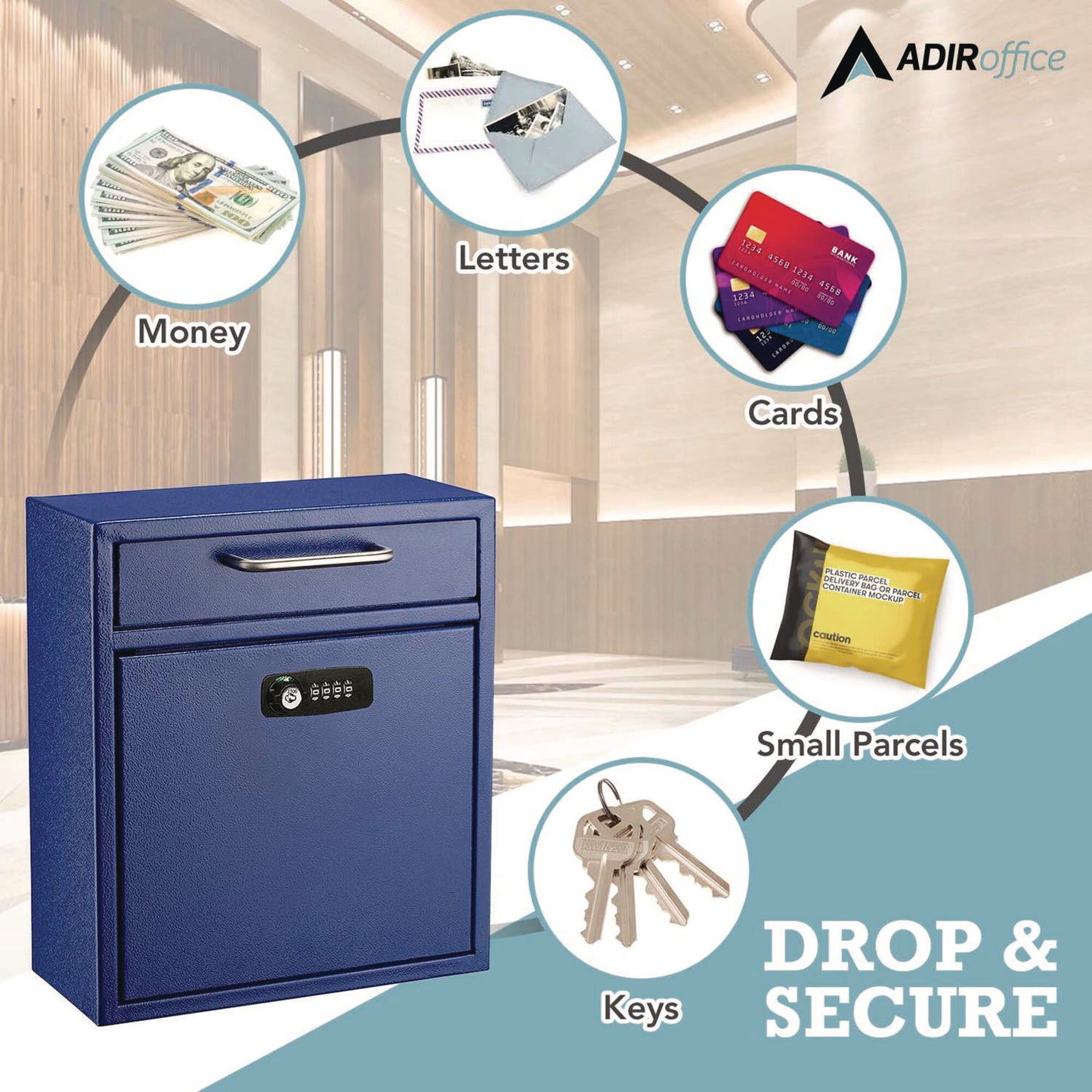 AdirOffice Medium Secure Drop Box Wall Mounted Locking Mail Box with Key and Combination Lock, 10.51 x 4.72 x 12, Blue (I63105BLUKC)