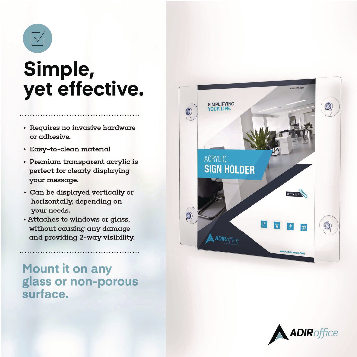 AdirOffice Clear Suction Acrylic Window Sign Holder, 8 x 11, Clear Frame, 2/Pack (I6398511WSH2)
