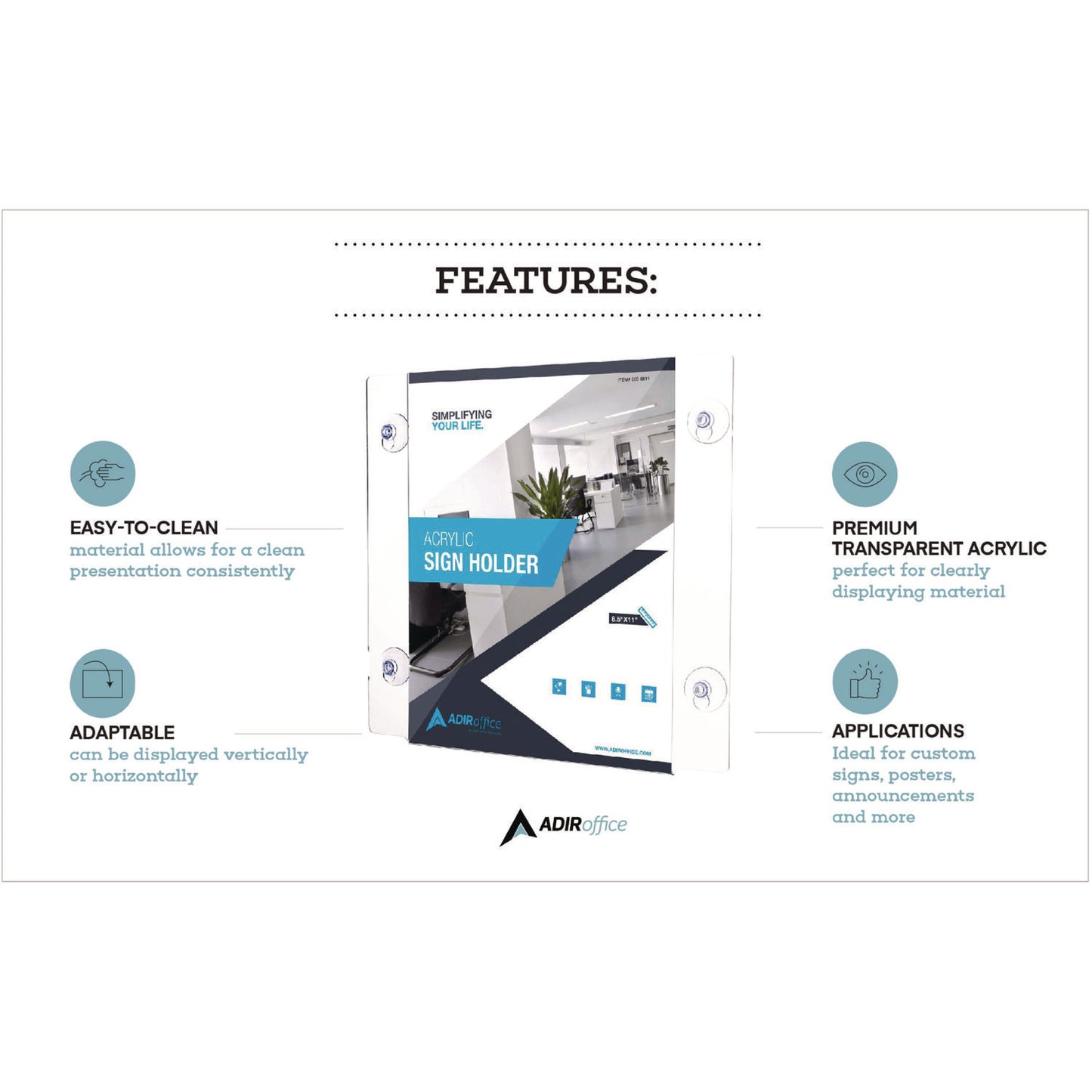 AdirOffice Clear Suction Acrylic Window Sign Holder, 8 x 11, Clear Frame, 2/Pack (I6398511WSH2)