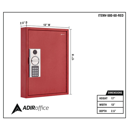 AdirOffice Steel Digital Lock Key Cabinet, 60-Key, 13 x 2.6 x 17, Stainless Steel 304, Red (I68060RED)