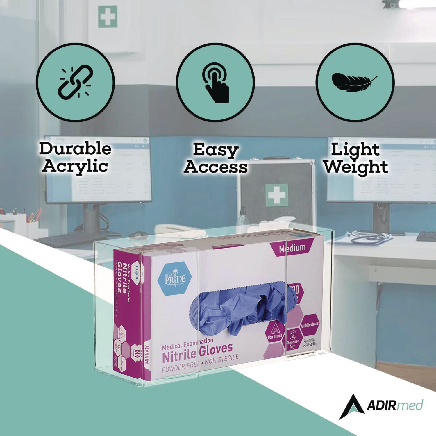 AdirMed Acrylic Glove Dispenser, Single Box Capacity, 10.2 x 3.5 x 5.3, Clear (I90201)