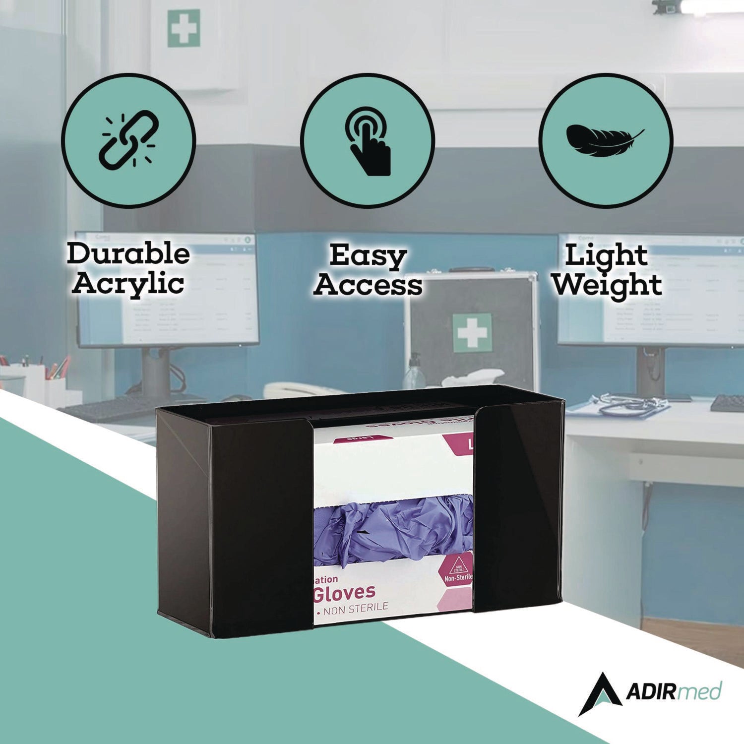 AdirMed Acrylic Glove Dispenser, Single Box Capacity, 10.2 x 3.5 x 5.3, Black (I90201BLK)