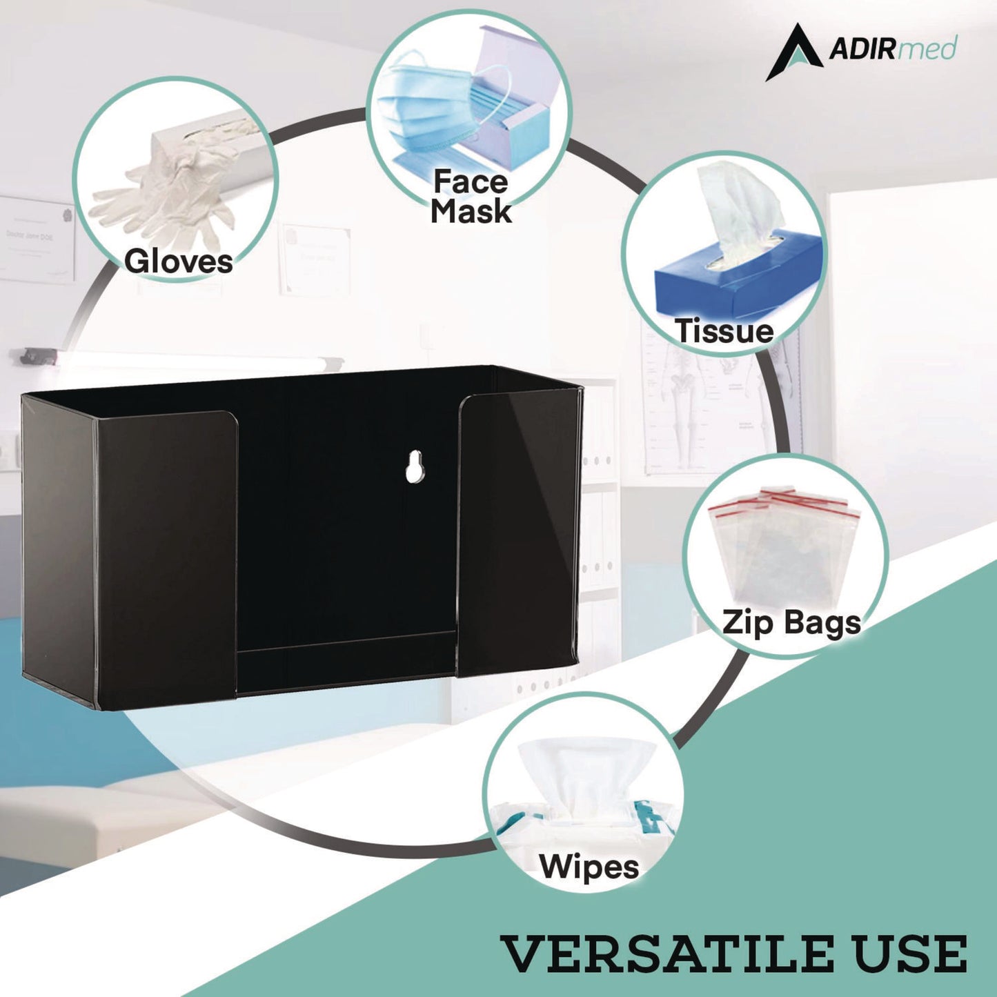 AdirMed Acrylic Glove Dispenser, Single Box Capacity, 10.2 x 3.5 x 5.3, Black (I90201BLK)