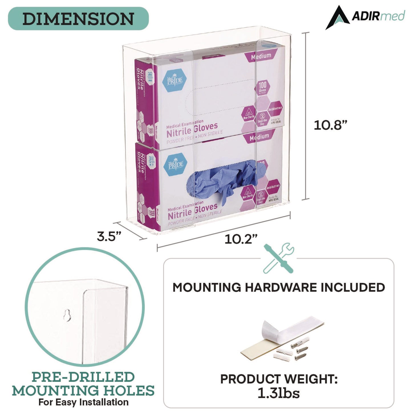 AdirMed Acrylic Glove Dispenser, Double Box Capacity, 10.2 x 3.5 x 10.8, Clear (I90202)