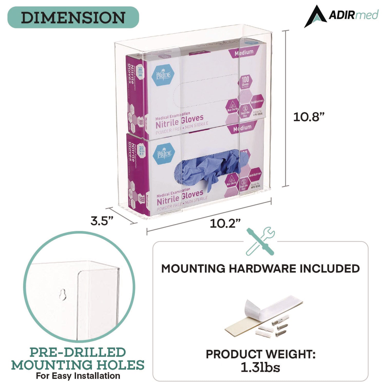 AdirMed Acrylic Glove Dispenser, Double Box Capacity, 10.2 x 3.5 x 10.8, Clear (I90202)