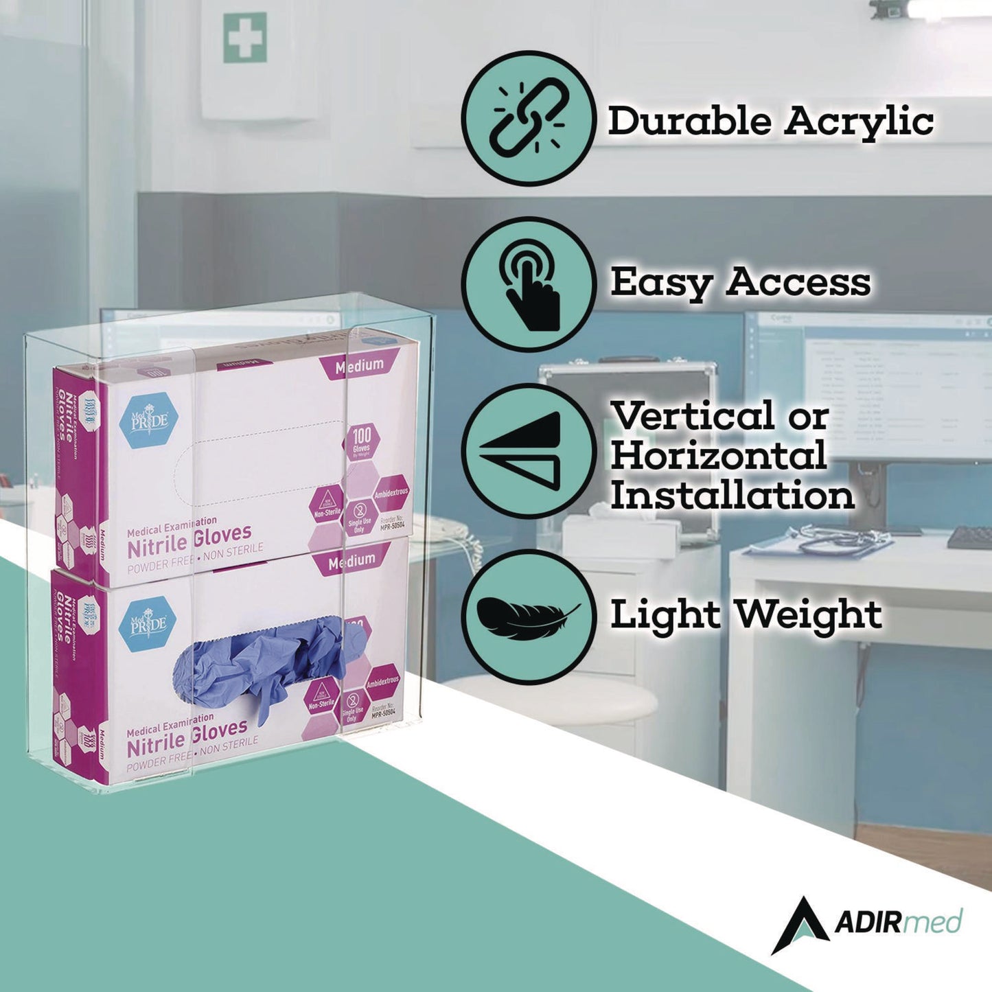 AdirMed Acrylic Glove Dispenser, Double Box Capacity, 10.2 x 3.5 x 10.8, Clear (I90202)