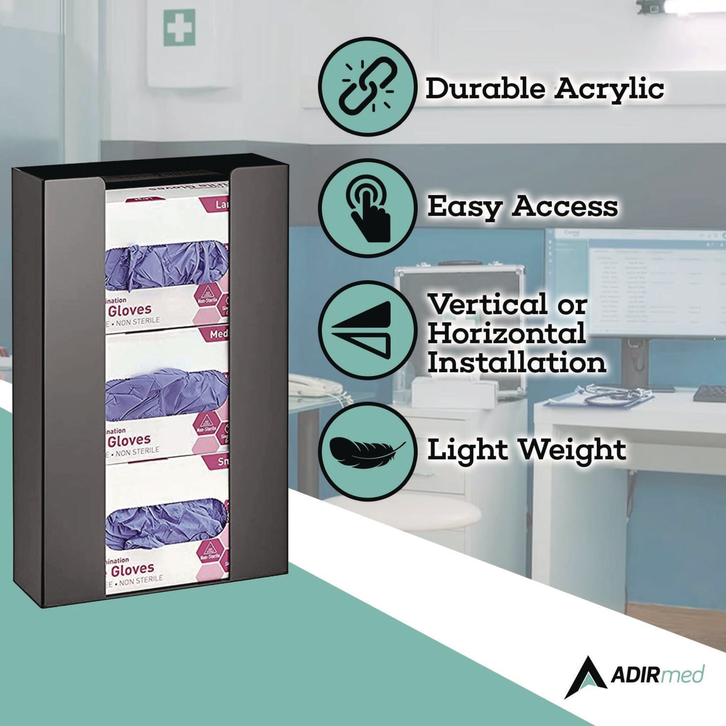 AdirMed Acrylic Glove Dispenser, Triple Box Capacity, 10.2 x 3.5 x 16.1, Black (I90203BLK)