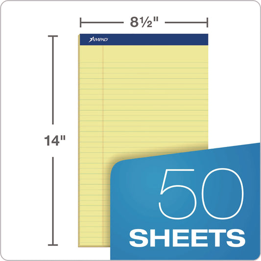 Ampad Perforated Writing Pads, Wide/Legal Rule, 50 Canary-Yellow 8.5 x 14 Sheets, Dozen (20230)