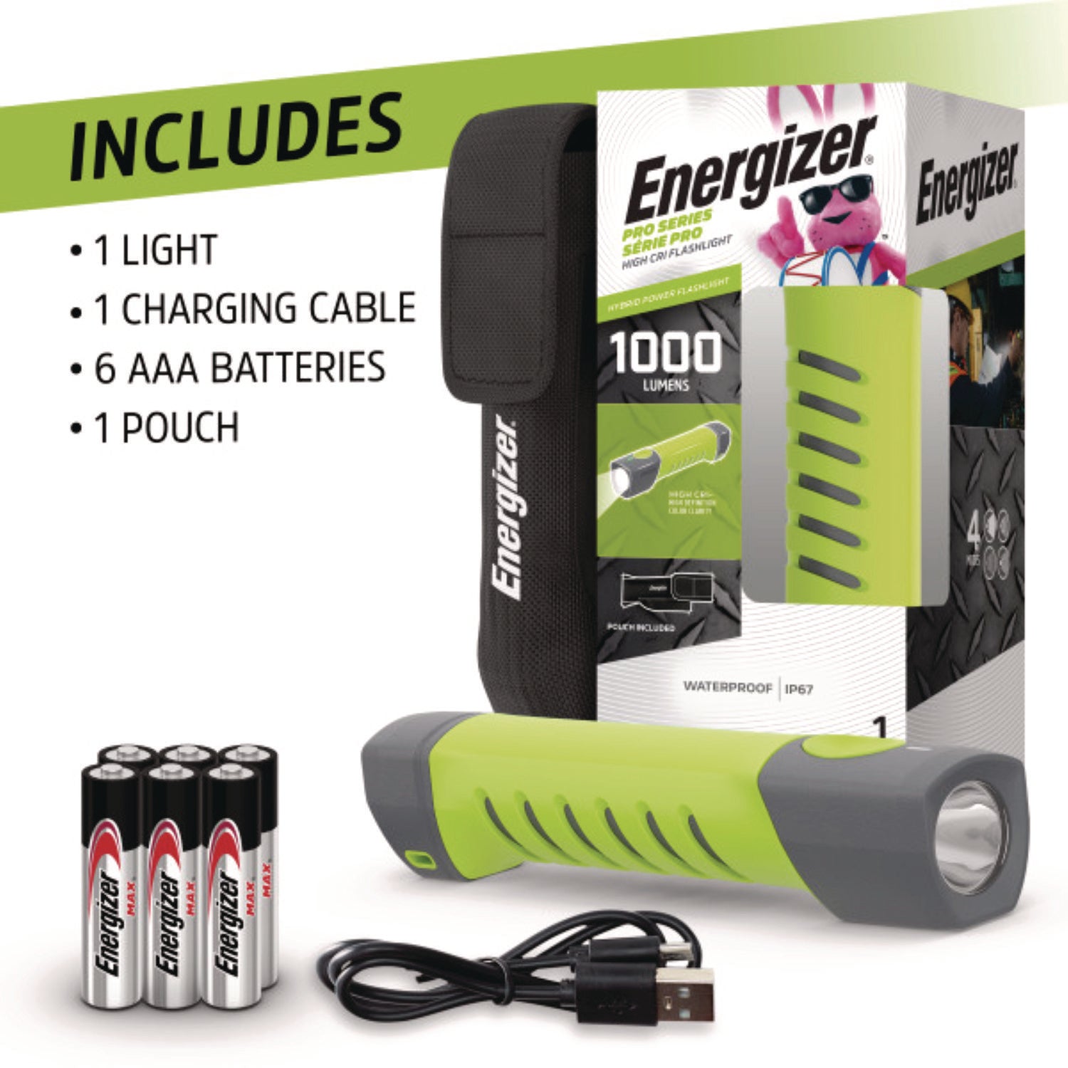 Energizer Pro Series Handheld High CRI Flashlight, Rechargeable Lithium Ion/6 AAA Batteries Included, Gray/Green (ENYPHH62)