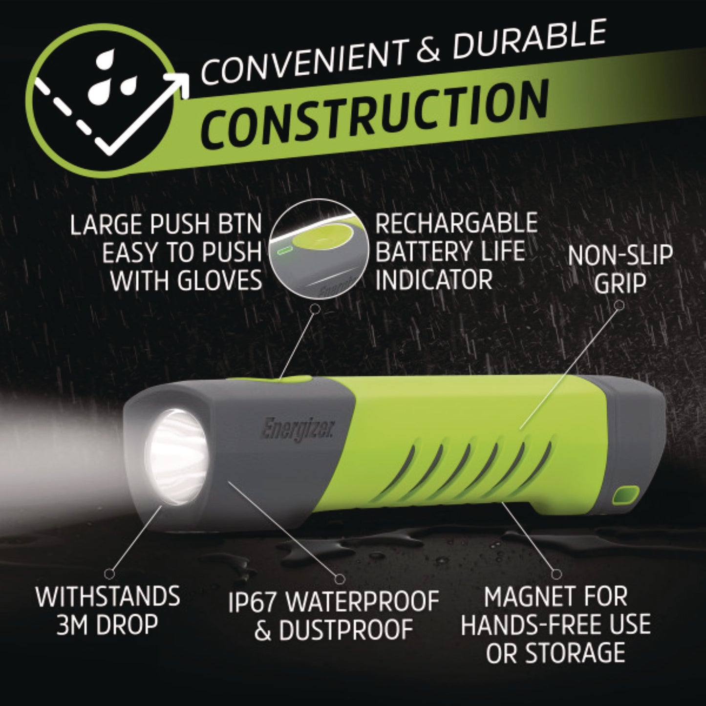 Energizer Pro Series Handheld High CRI Flashlight, Rechargeable Lithium Ion/6 AAA Batteries Included, Gray/Green (ENYPHH62)