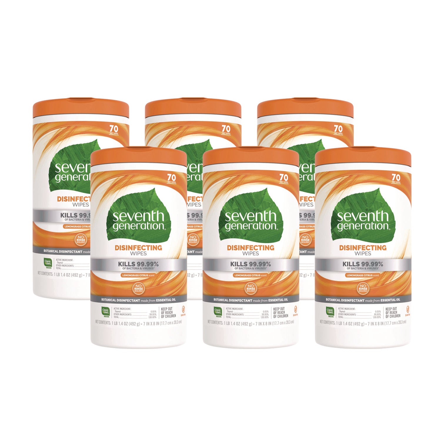 Seventh Generation Botanical Disinfecting Wipes, 7 x 8, Lemongrass Citrus, 70 Count, 6/Carton (22813CT)