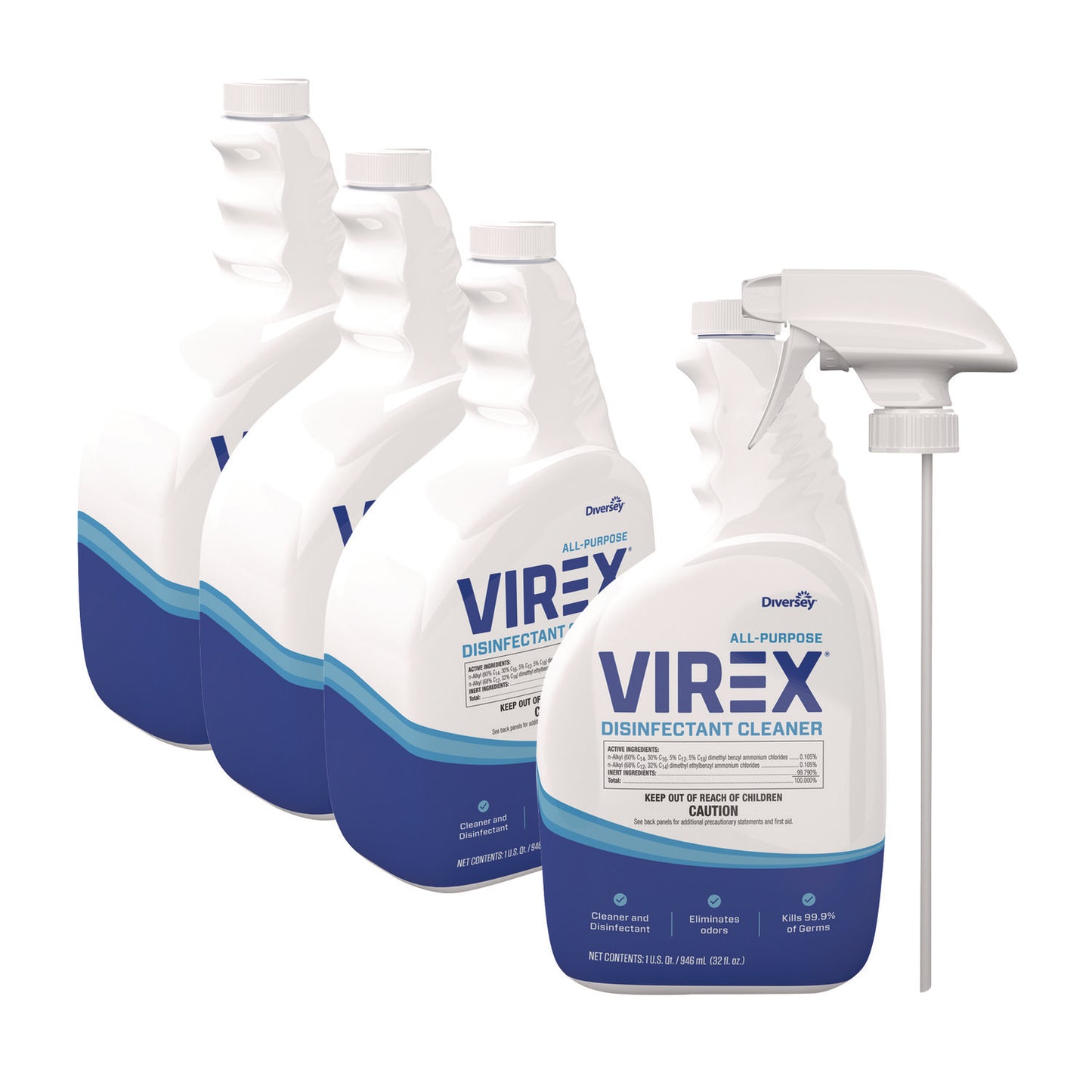 Diversey Virex All-Purpose Disinfectant Cleaner, Lemon Scent, 32 oz Spray Bottle, 4/Carton (CBD540540)