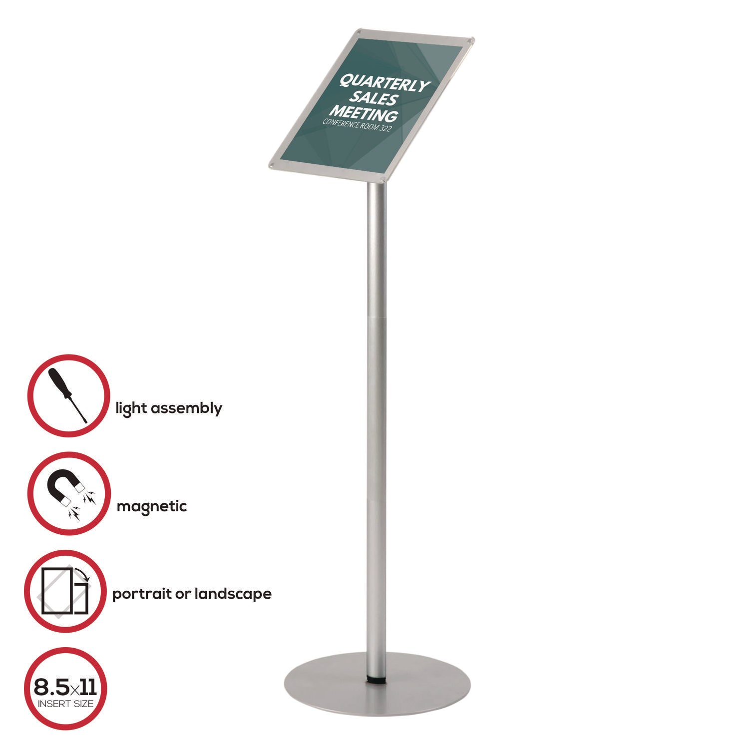 Deflecto Floor Sign Display with Rear Literature Pocket, 8.5 x 11 Insert, 45" Tall, Silver (692045)