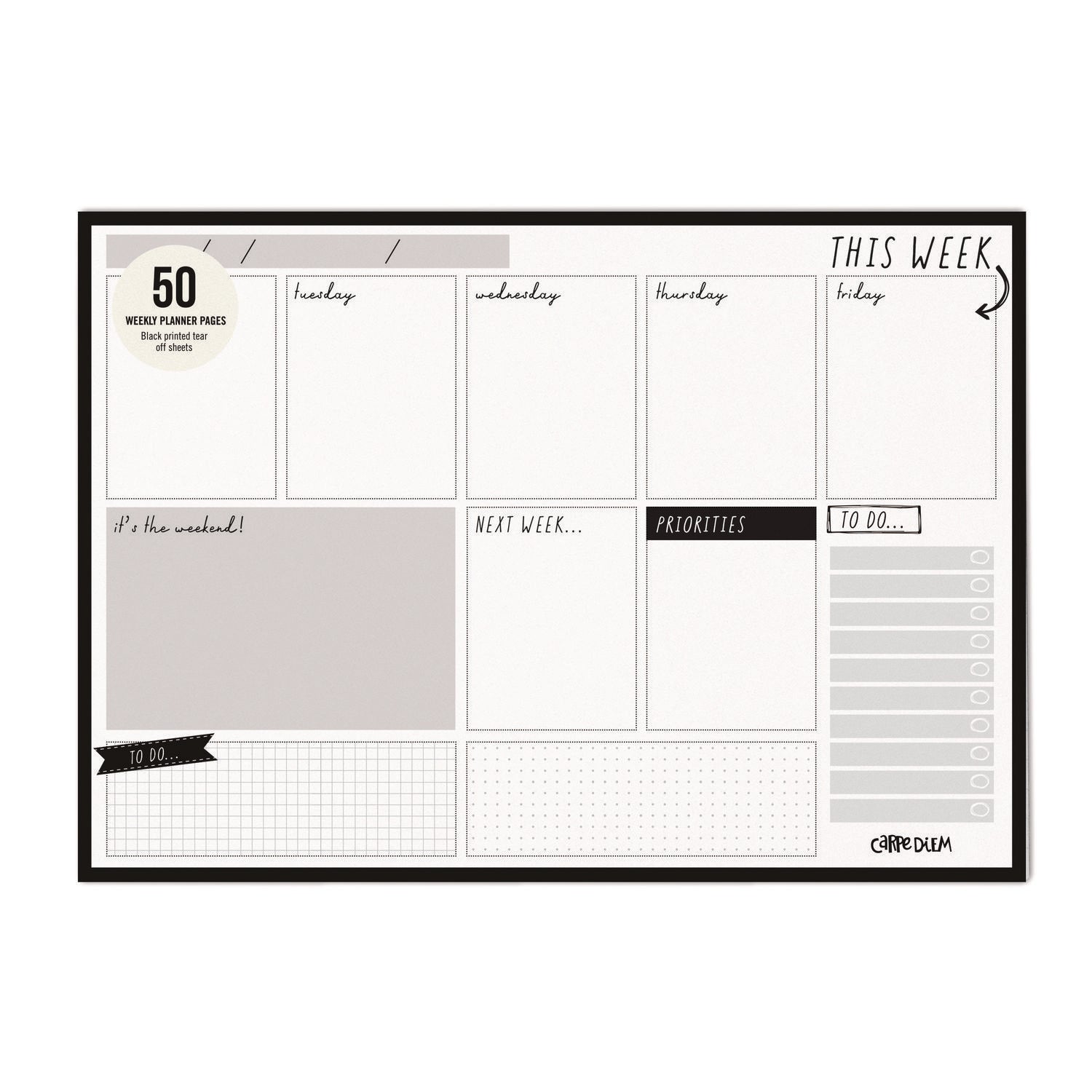 PUKKA PAD Weekly Planner Pad, 8.27 x 11.61, White/Black Sheets, 50-Weeks: Undated (9120CD)