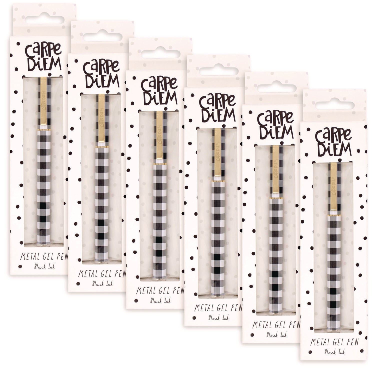 PUKKA PAD Carpe Diem All Metal Gel Pens Gel Pen, Stick, Medium 0.7 mm, Black Ink, Black/White Check Barrel, 6/Pack (9186CD)