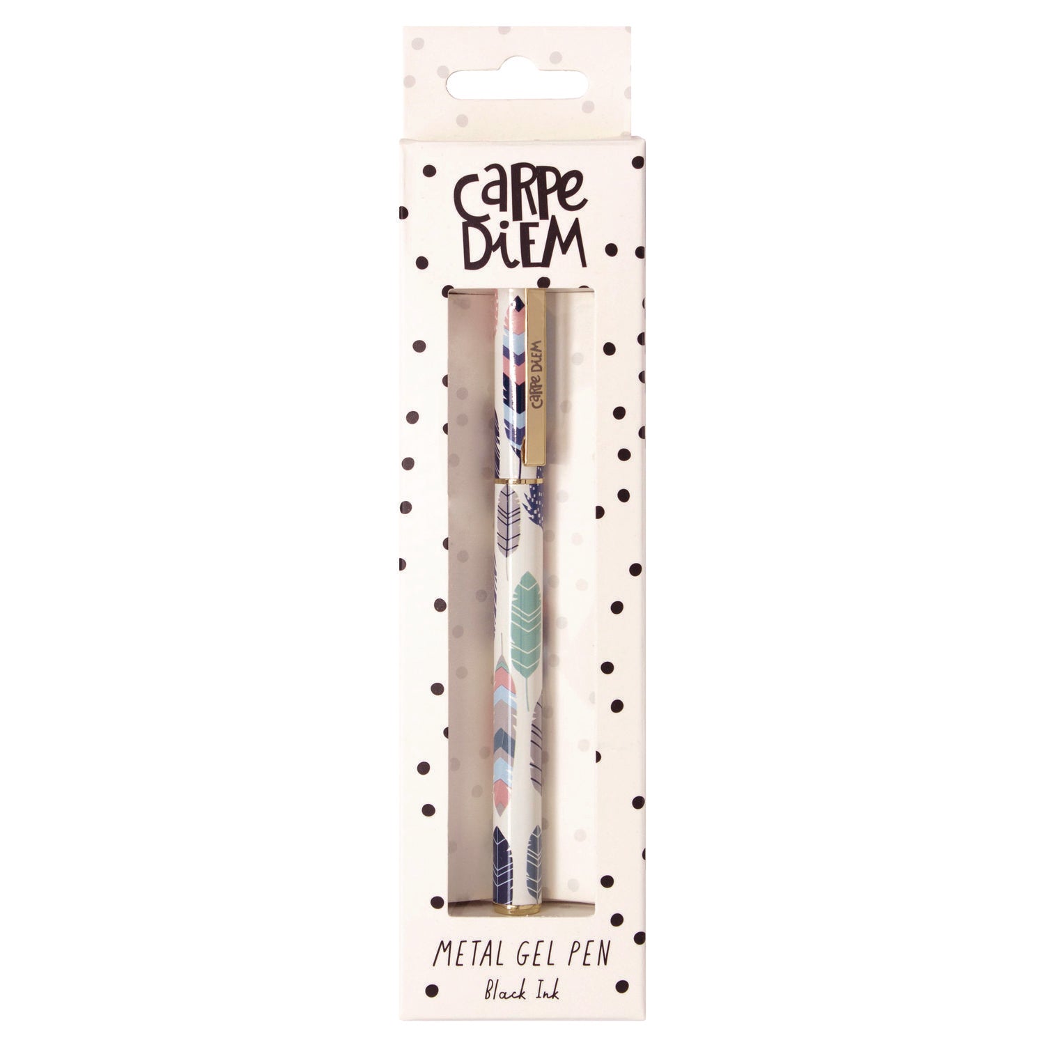 PUKKA PAD Carpe Diem All Metal Gel Pens Gel Pen, Stick, Medium 0.7 mm, Black Ink, White/Blue/Green Feather Barrel, 6/Pack (9213CD)