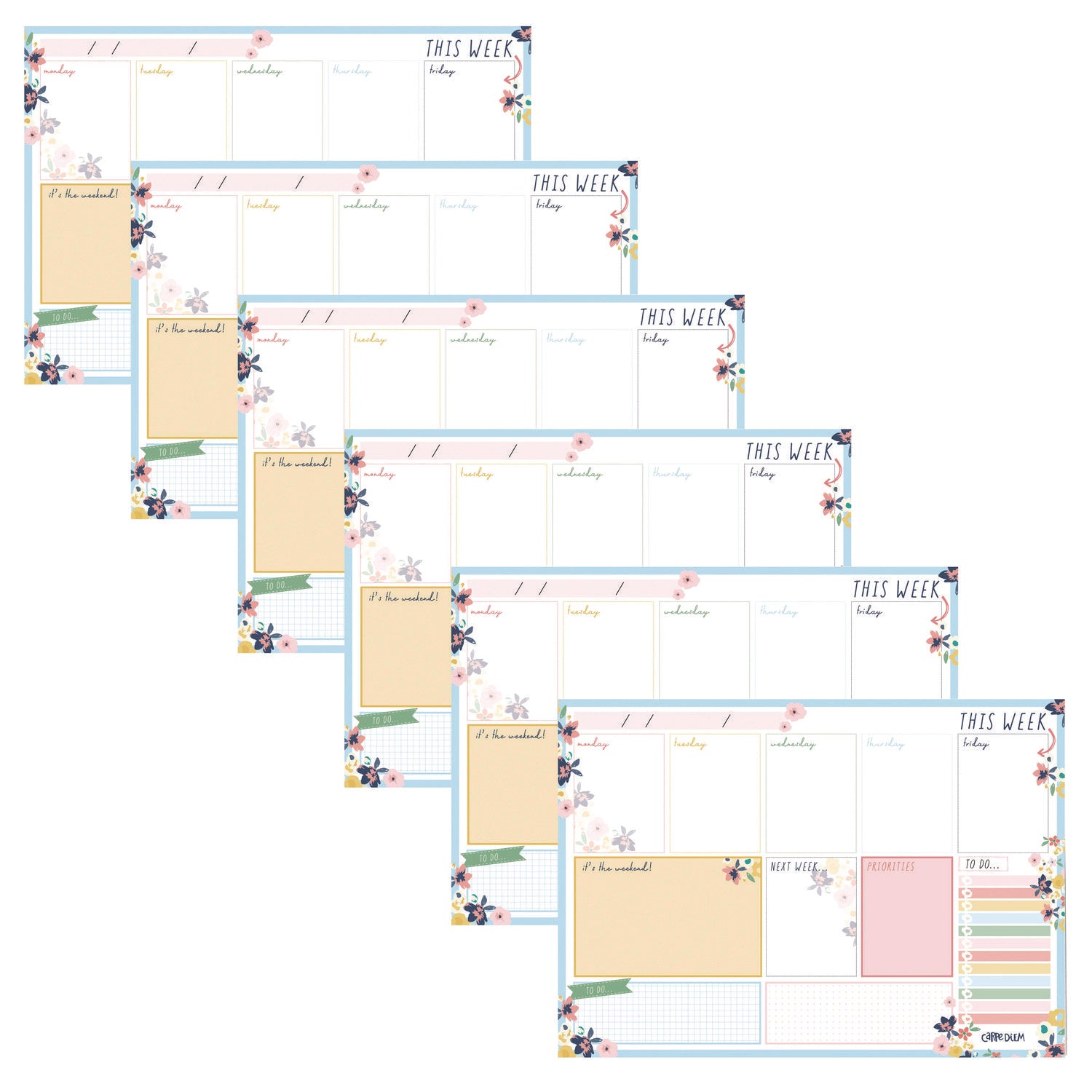 PUKKA PAD Weekly Planner Pad, Floral, 11.7 x 8.3, Blue/Pink/White/Yellow Cover, 12-Month, Undated, 6/Pack (9208CD)