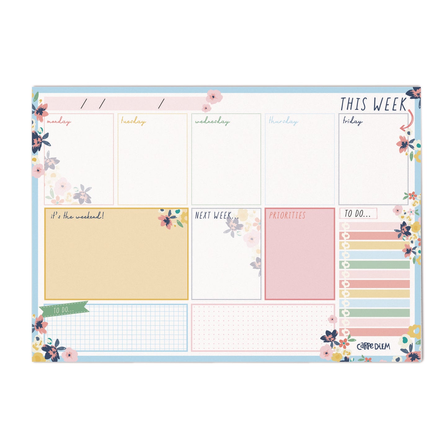 PUKKA PAD Weekly Planner Pad, Floral, 11.7 x 8.3, Blue/Pink/White/Yellow Cover, 12-Month, Undated, 6/Pack (9208CD)