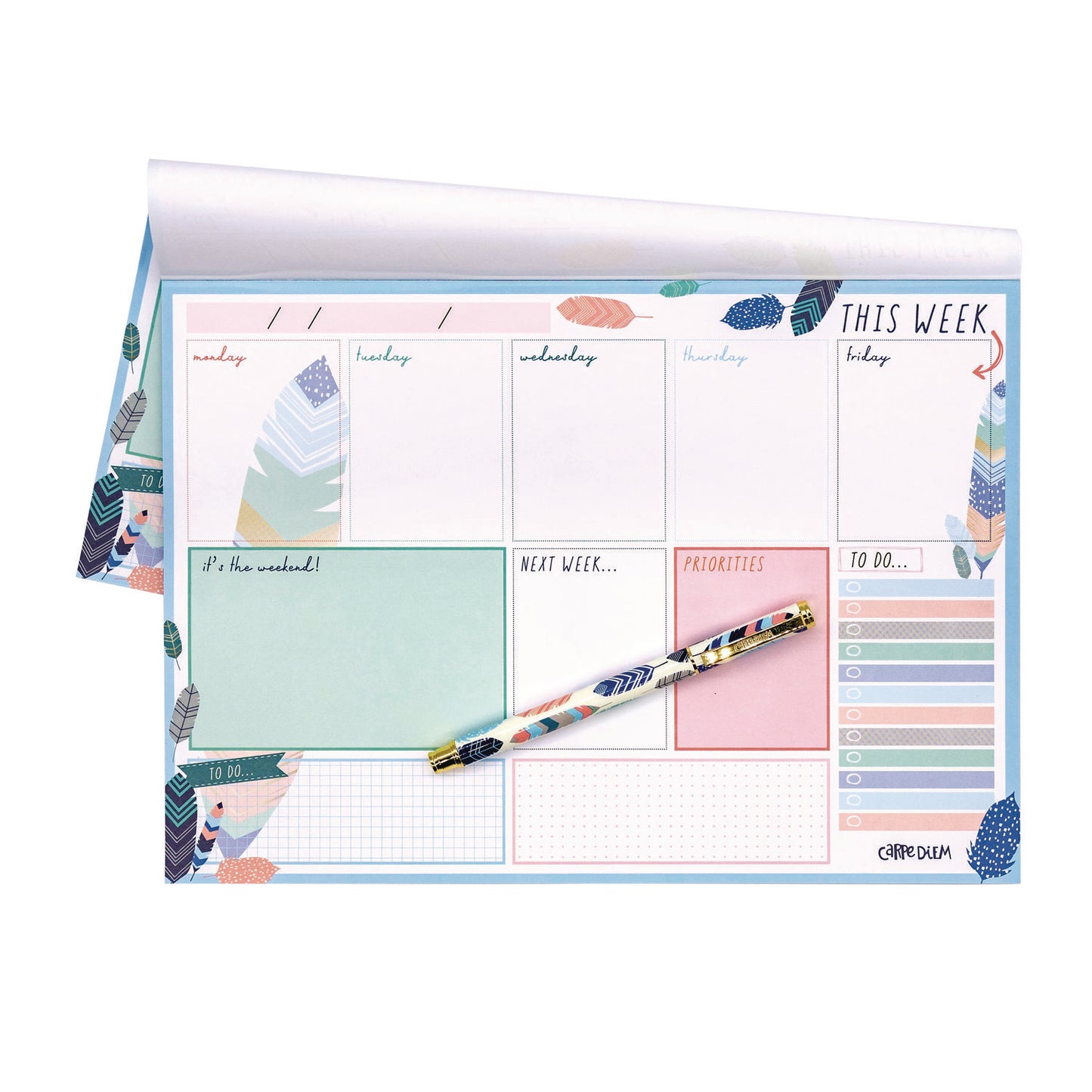 PUKKA PAD Weekly Planner Pad, Feathers, 11.7 x 8.3, Blue/Cream/Pink Cover, 12-Month, Undated, 6/Pack (9219CD)