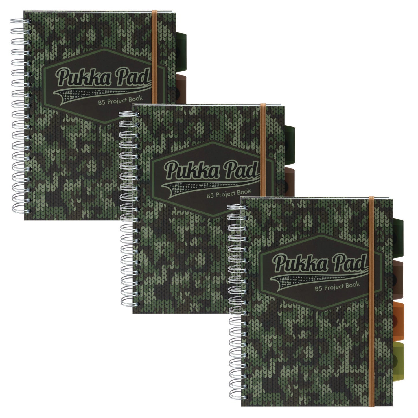 PUKKA PAD B5 Size Project Book, 4-Subject, Medium/College Rule, Black/Green Camo Knit Cover, (100) 9.8 x 6.9 Sheets, 3/Pack (9756CAM)