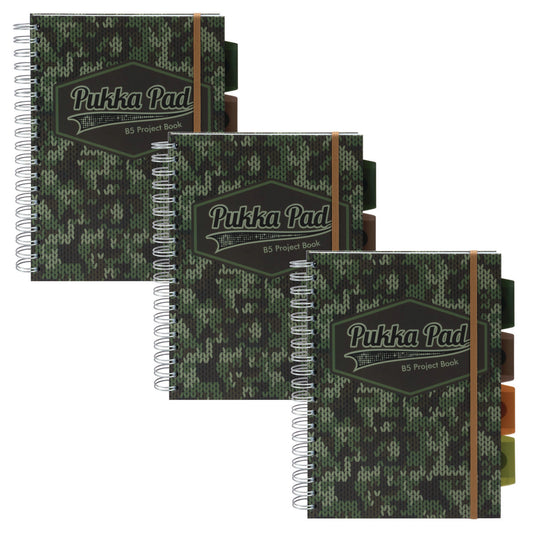 PUKKA PAD B5 Size Project Book, 4-Subject, Medium/College Rule, Black/Green Camo Knit Cover, (100) 9.8 x 6.9 Sheets, 3/Pack (9756CAM)