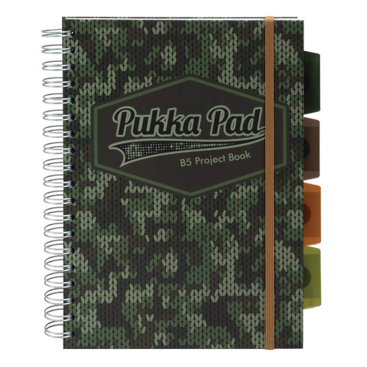 PUKKA PAD B5 Size Project Book, 4-Subject, Medium/College Rule, Black/Green Camo Knit Cover, (100) 9.8 x 6.9 Sheets, 3/Pack (9756CAM)