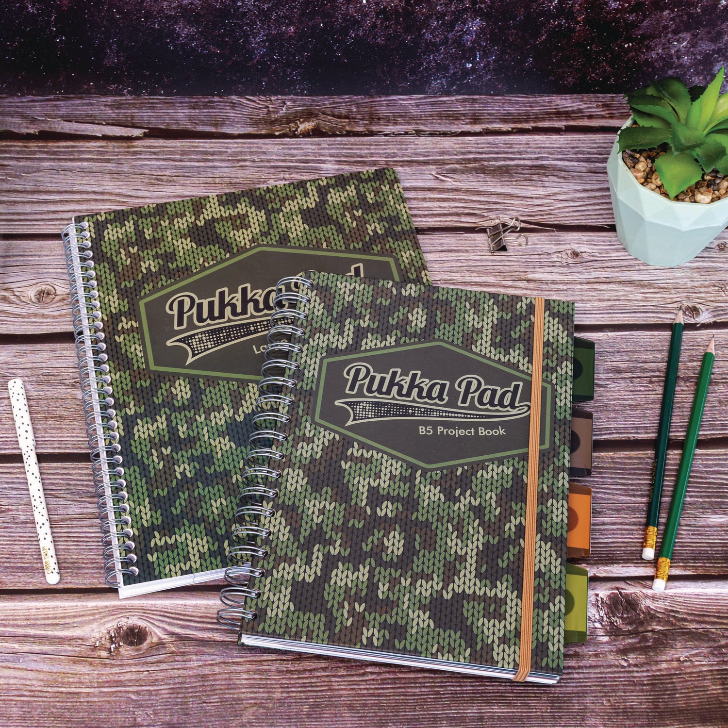 PUKKA PAD B5 Size Project Book, 4-Subject, Medium/College Rule, Black/Green Camo Knit Cover, (100) 9.8 x 6.9 Sheets, 3/Pack (9756CAM)